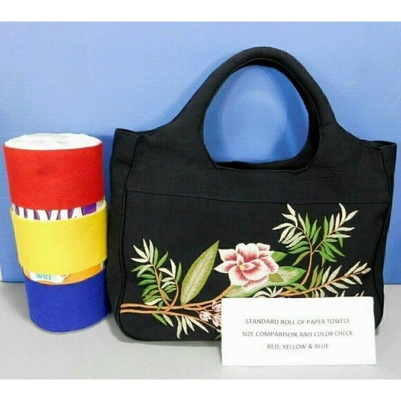 DV, DOLCE VITA BLACK FABRIC TOTE WITH EMBROIDERED FLOWERS, HANDBAG, PURSE - Picture 4 of 8